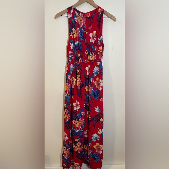 Japna Floral V Neck Sleeveless Racerback 5 Button Red Maxi Dress Size Medium - Picture 1 of 10